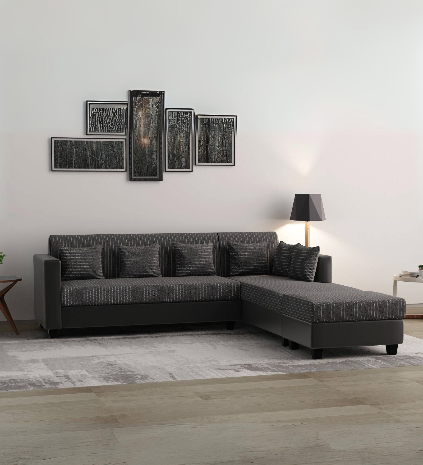 Baley Fabric LHS Sectional Sofa (3 + Lounger) In Lama Black Colour