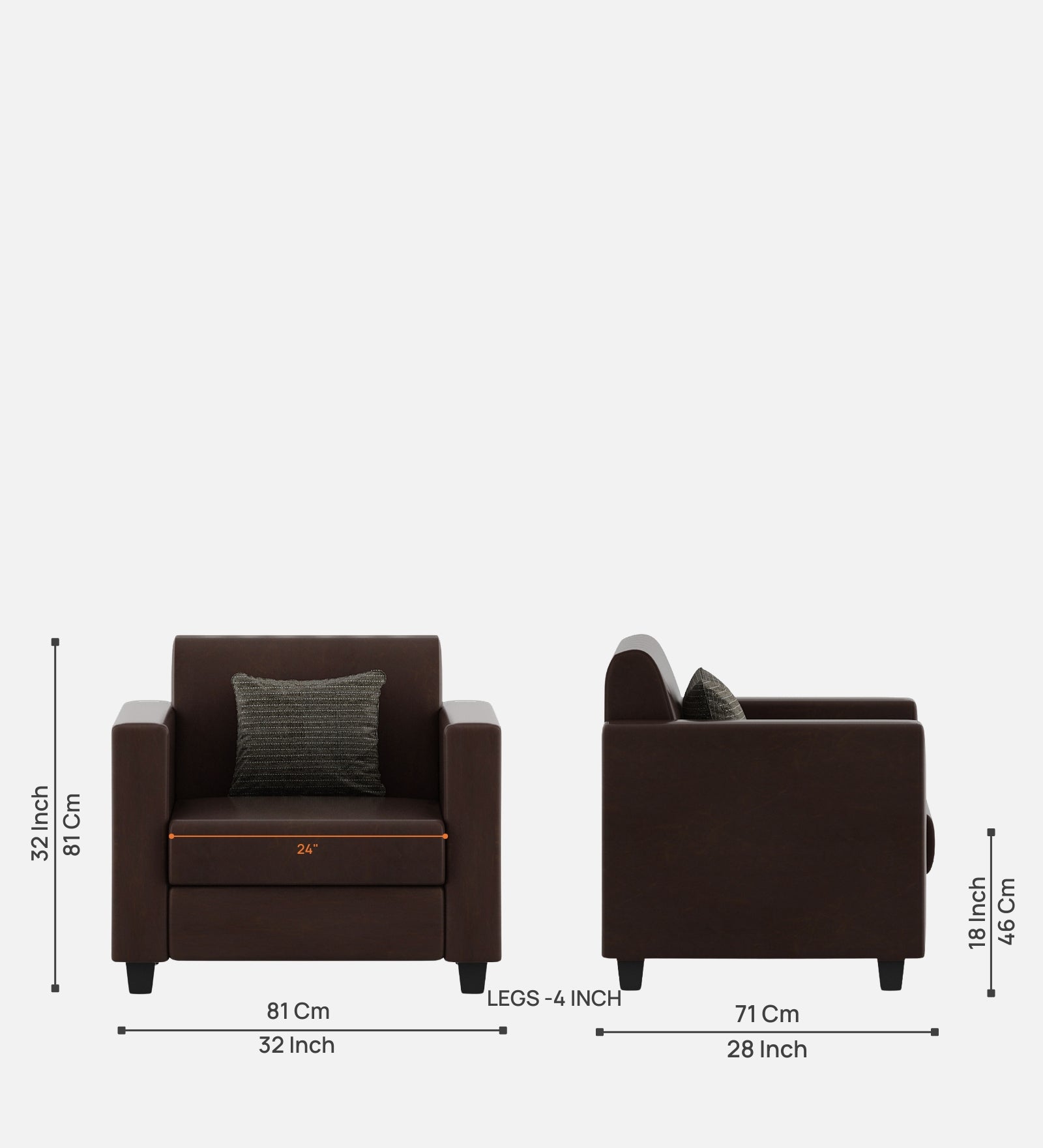 Baley Leatherette 1 Seater Sofa in Dark Brown Colour