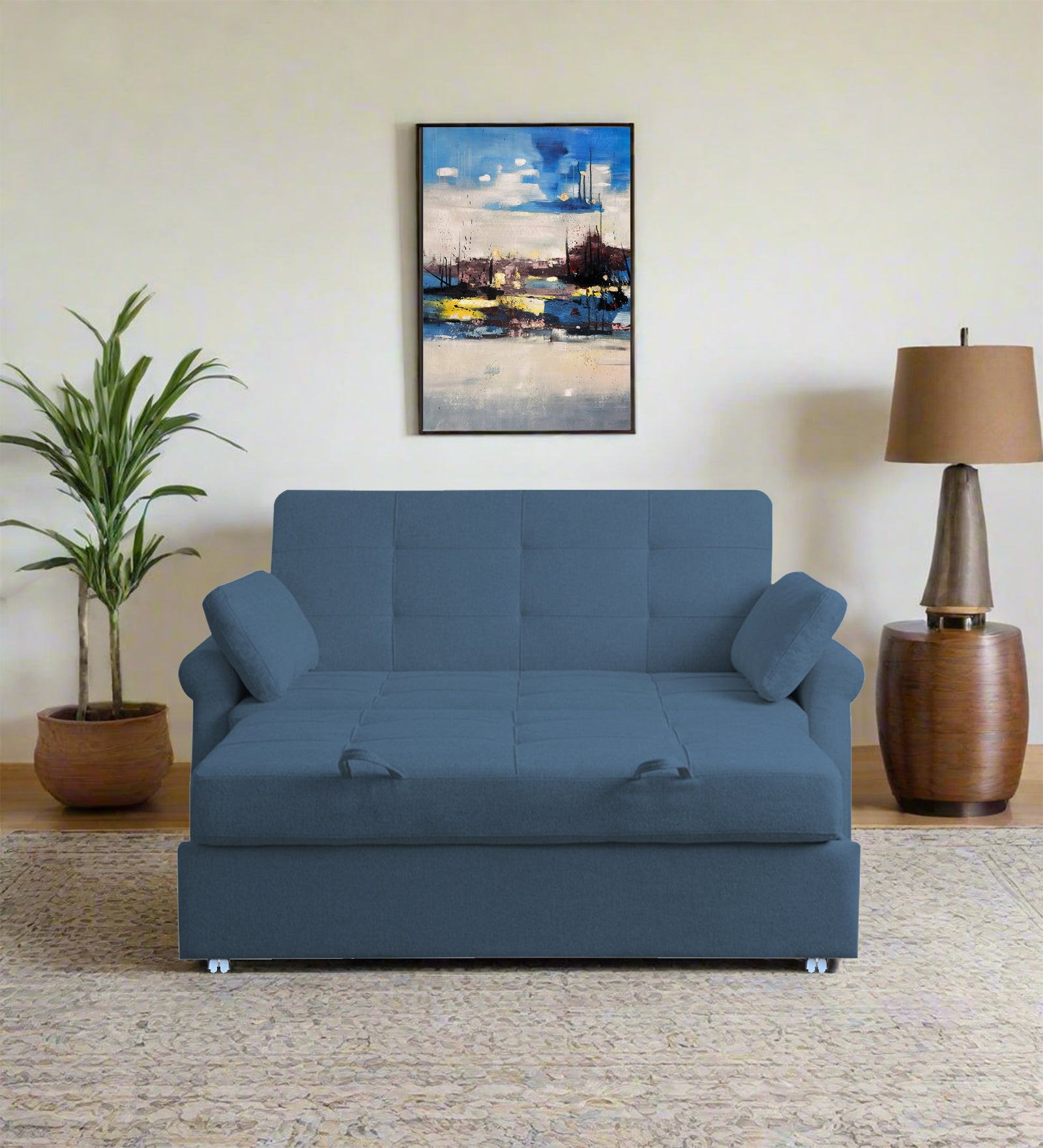 Fornia Fabric 2 Seater Pull Out Sofa Cum Bed In Light Blue Colour