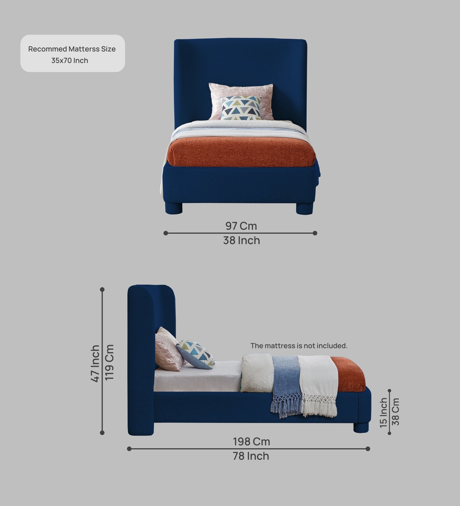 Lenny Fabric Upholstered Single Bed in Royal Blue Colour - Febonic Living