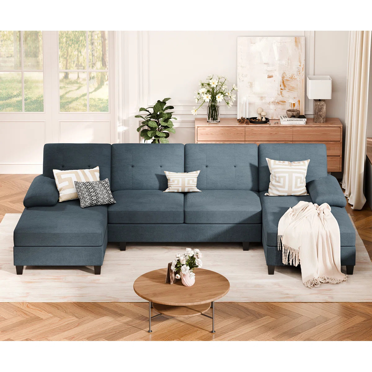 Halo Fabric 6 Seater Sectional Sofa In Denim Blue Colour