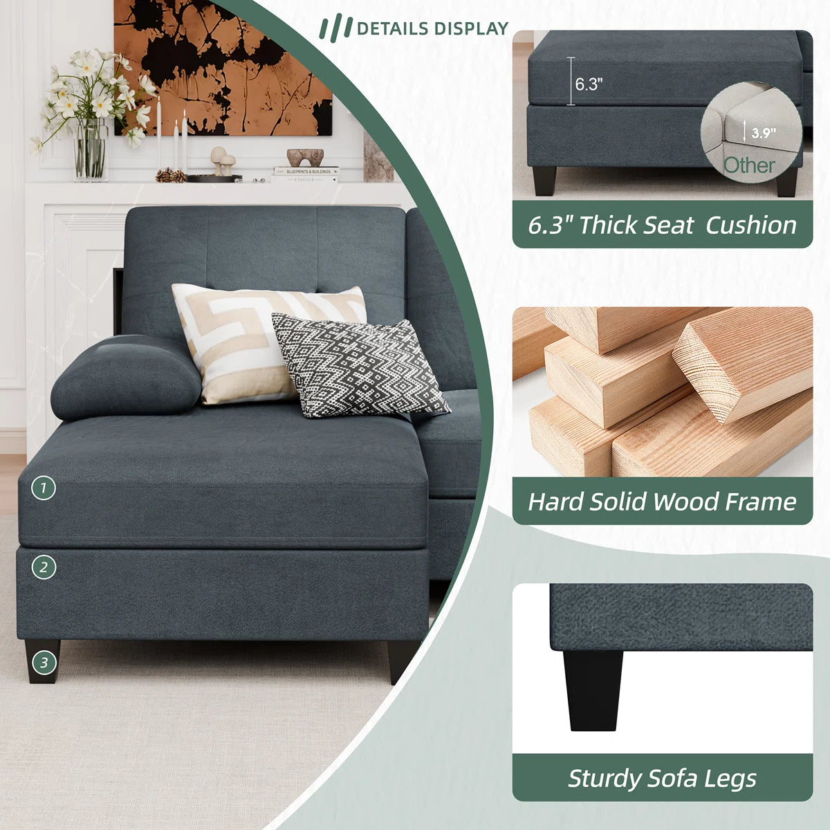 Halo Fabric 6 Seater Sectional Sofa In Denim Blue Colour