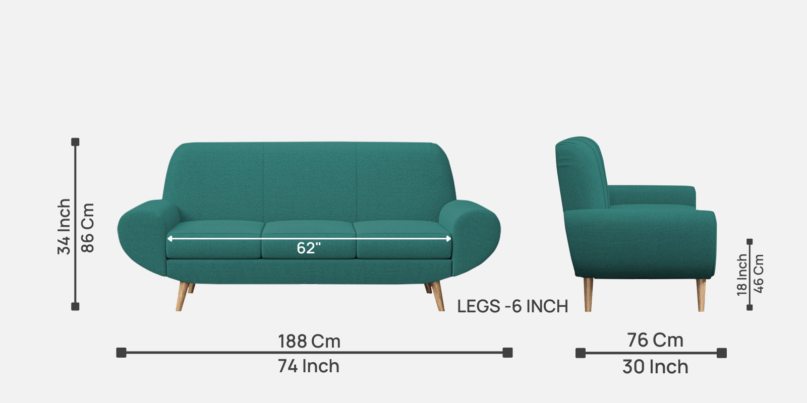 Jessy Fabric 3 Seater Sofa in Sea Green Colour