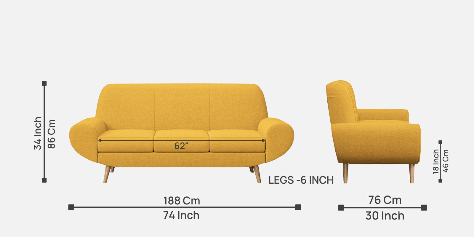 Jessy Fabric 3 Seater Sofa in Bold Yellow Colour