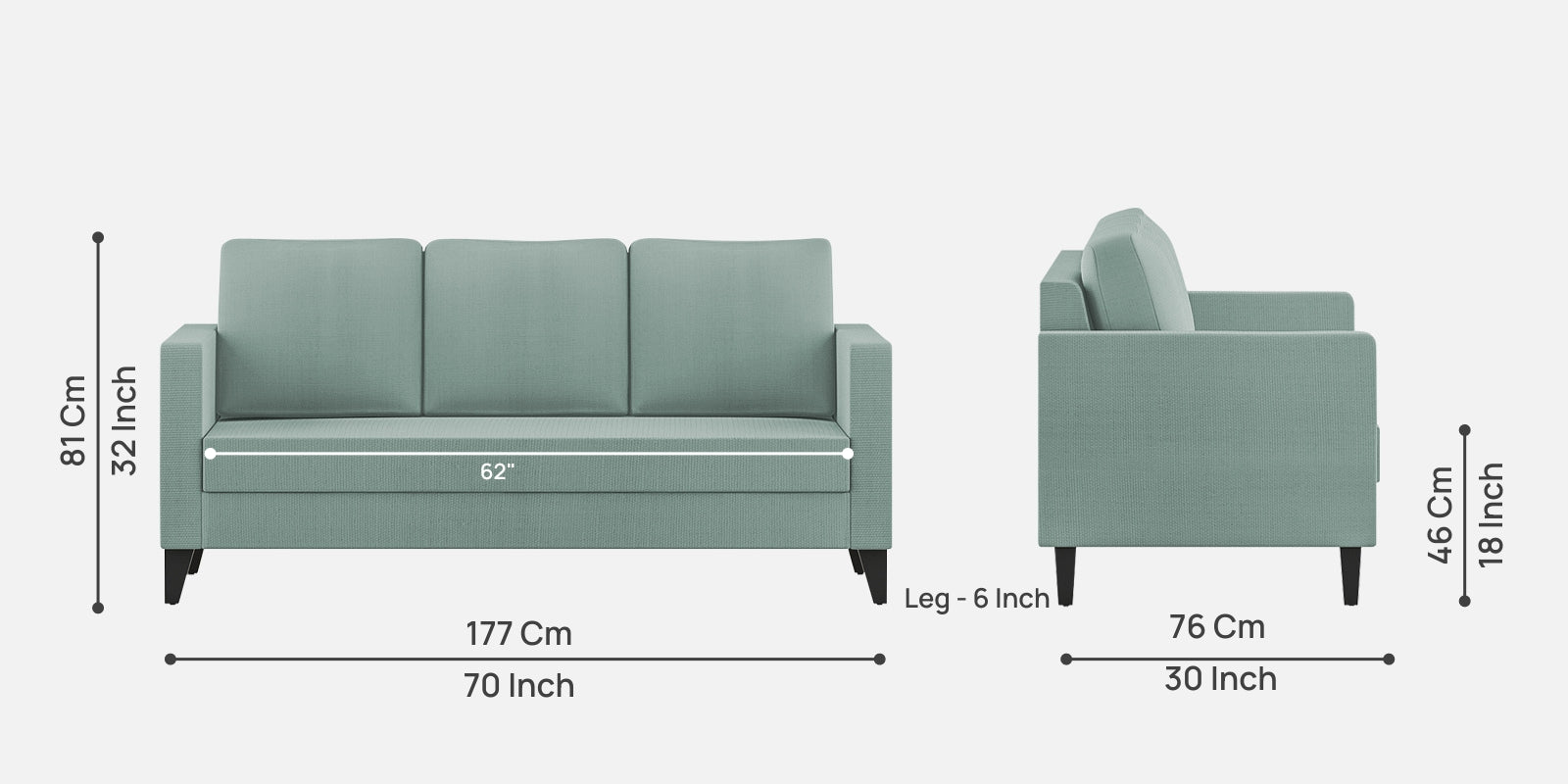 Nori Fabric 3 Seater Sofa In Suka Blue Colour