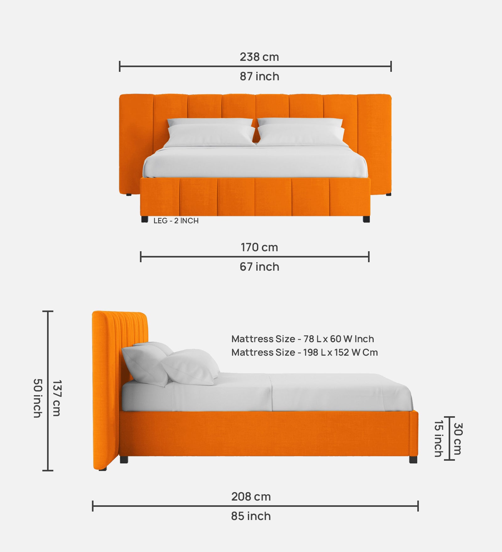 Nora Fabric Queen Size Bed In Vivid Orange Colour