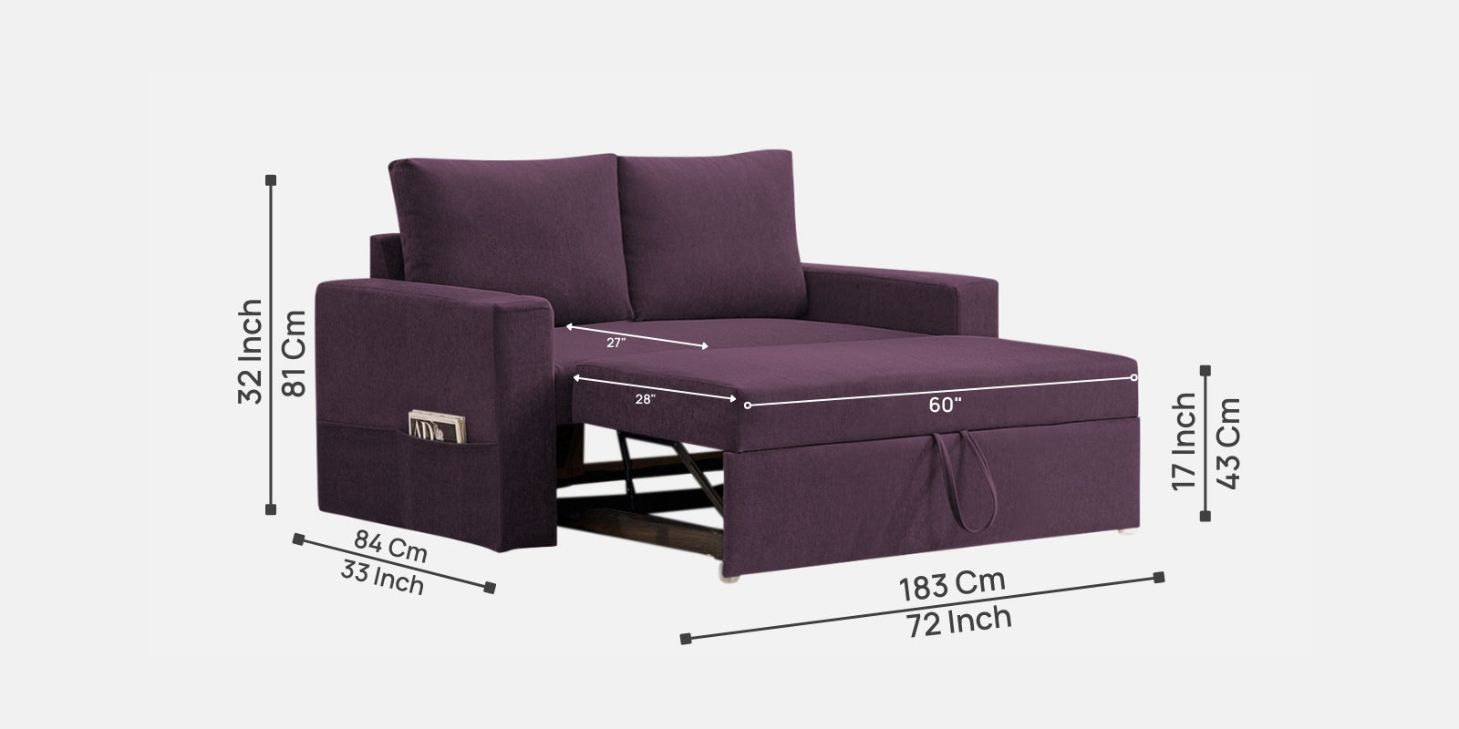 Kara Fabric 2 Seater Pull Out Sofa Cum Bed in Greek Purple Colour