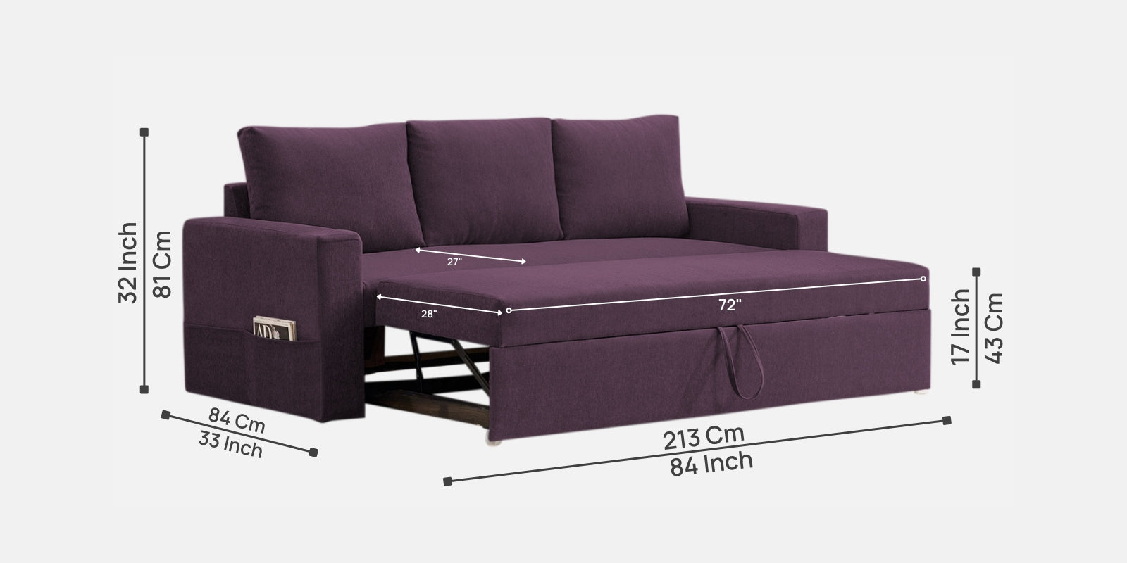 Kara Fabric 3 Seater Pull Out Sofa Cum Bed in Greek Purple Colour