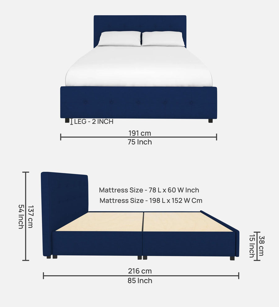 Lido Fabric Upholstered Queen Size Bed In Royal Blue Colour With Drawer Storage - Febonic Living