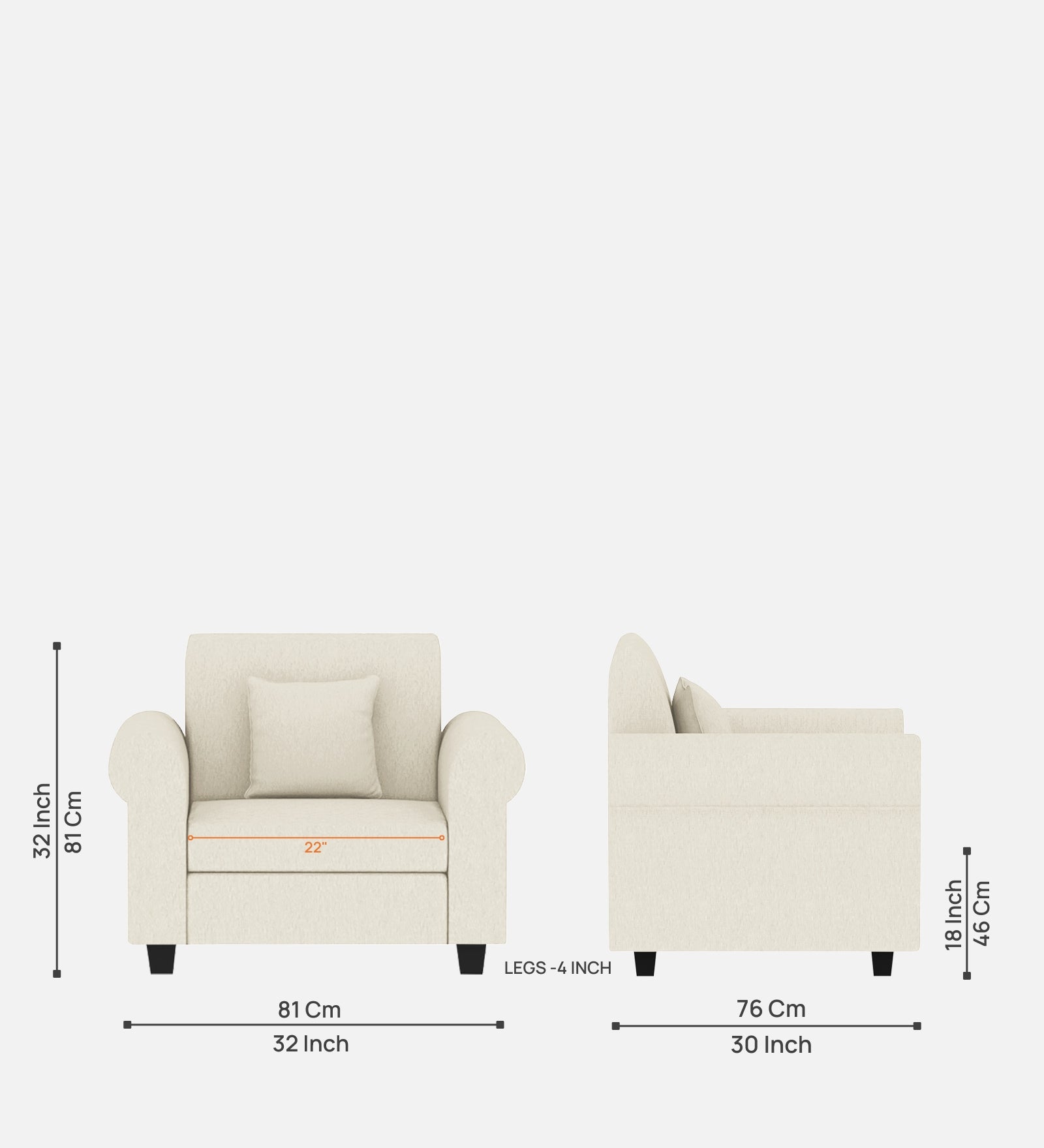 Derado Fabric 1 Seater Sofa in Ivory Cream Colour