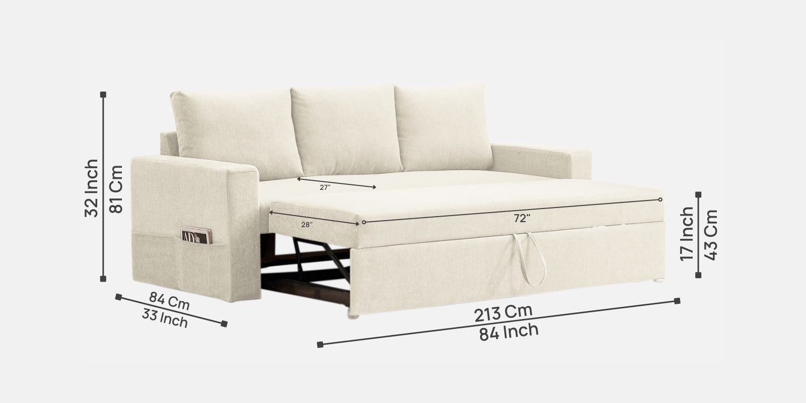 Kara Fabric 3 Seater Pull Out Sofa Cum Bed in Ivory Cream Colour