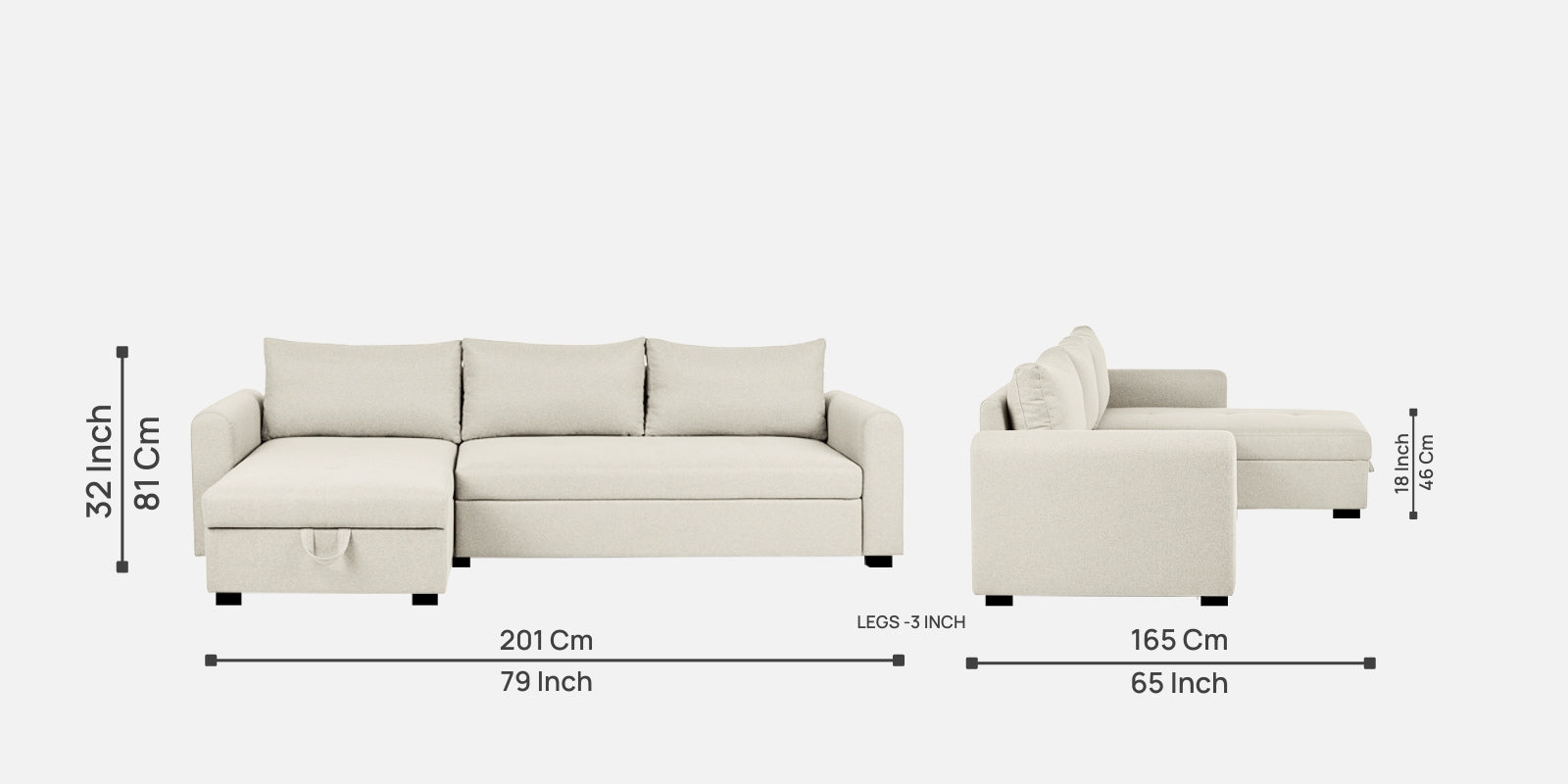 Sigma Fabric RHS Sectional (3+ Lounger) in Ivory Cream Colour