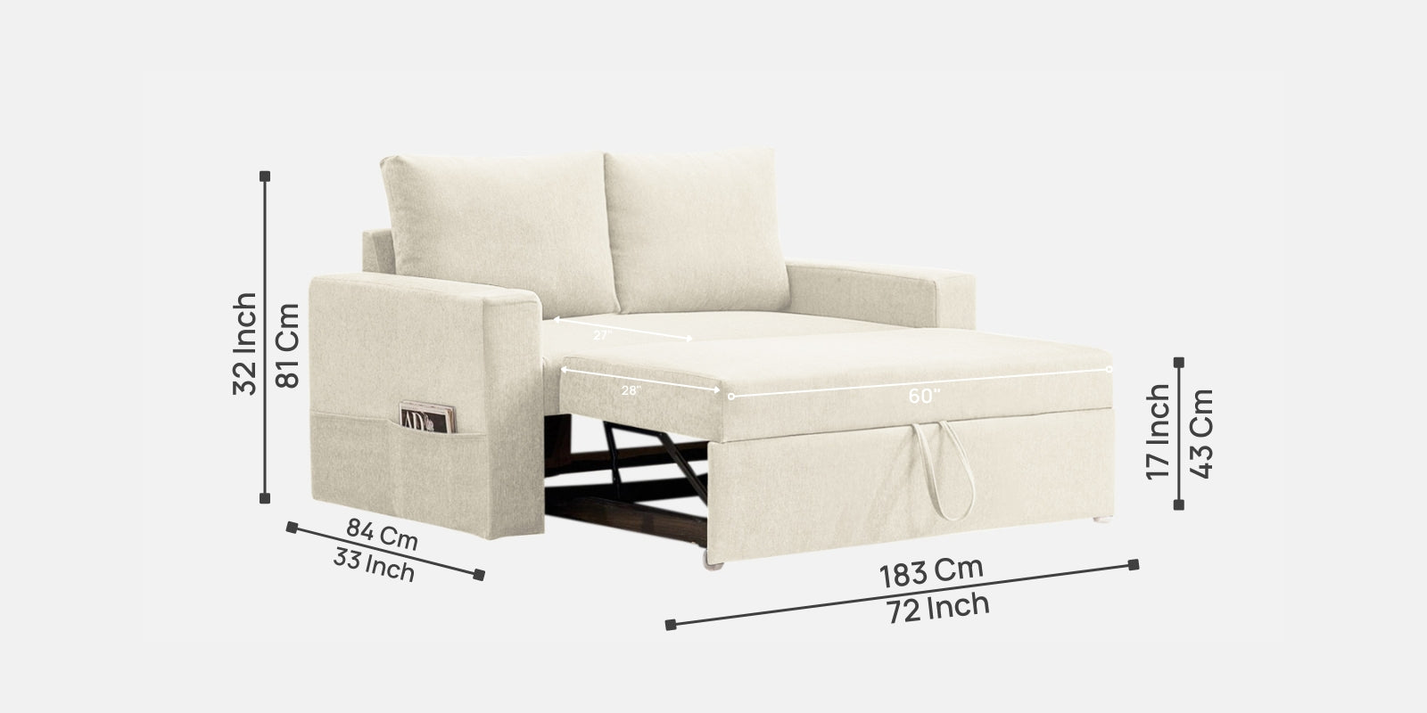 Kara Fabric 2 Seater Pull Out Sofa Cum Bed in Ivory Cream Colour