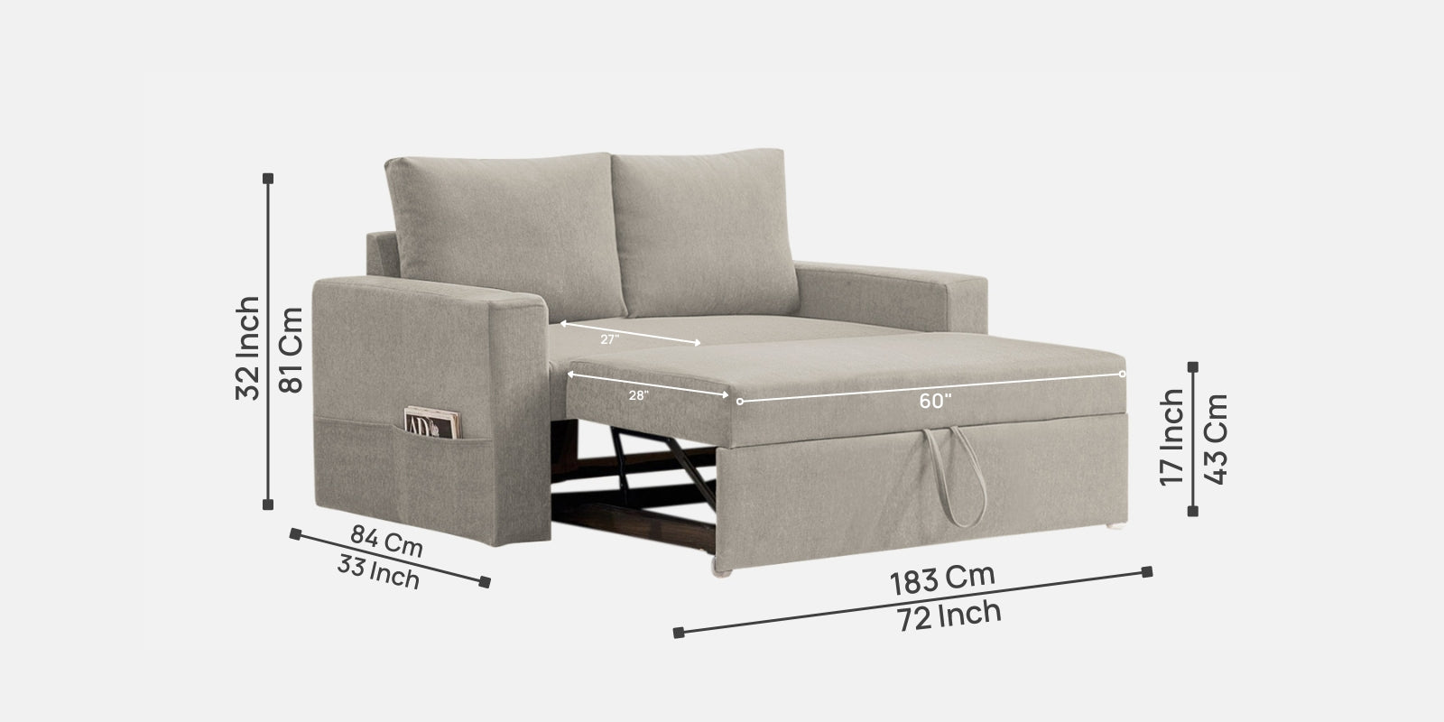 Kara Fabric 2 Seater Pull Out Sofa Cum Bed in Lit Grey Colour