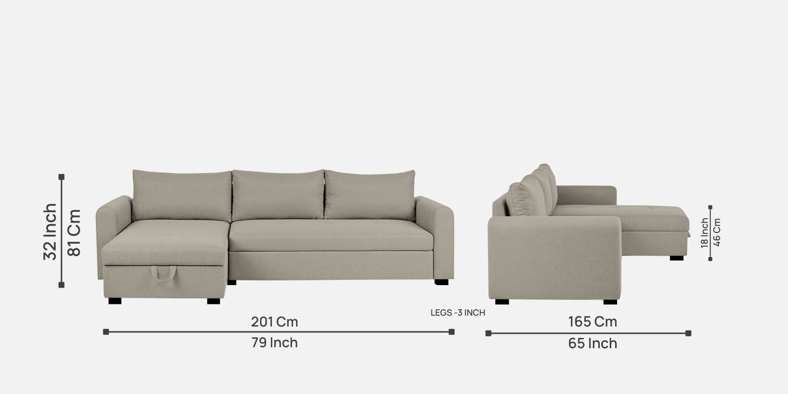 Sigma Fabric RHS Sectional (3+ Lounger) in Ash Grey Colour