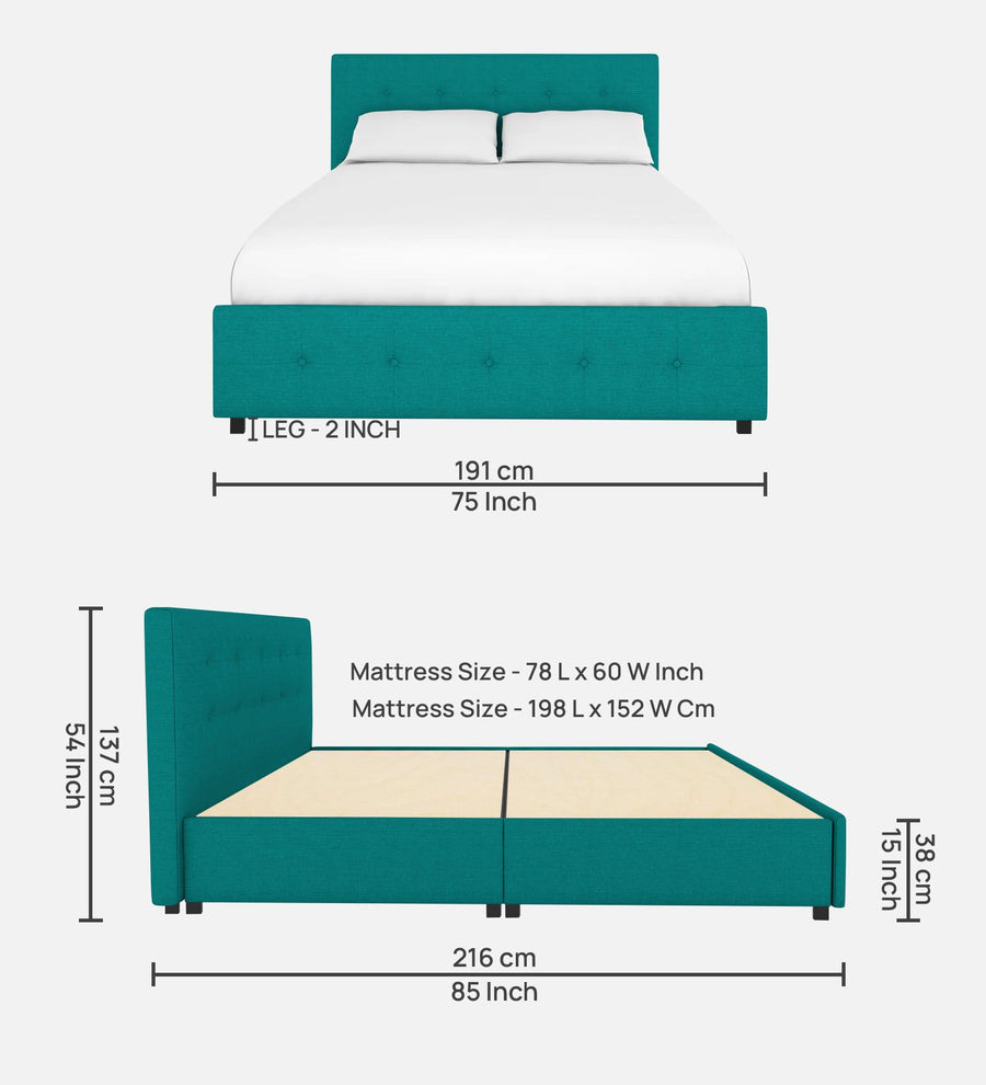 Lido Fabric Upholstered Queen Size Bed In Sea Green Colour With Drawer Storage - Febonic Living