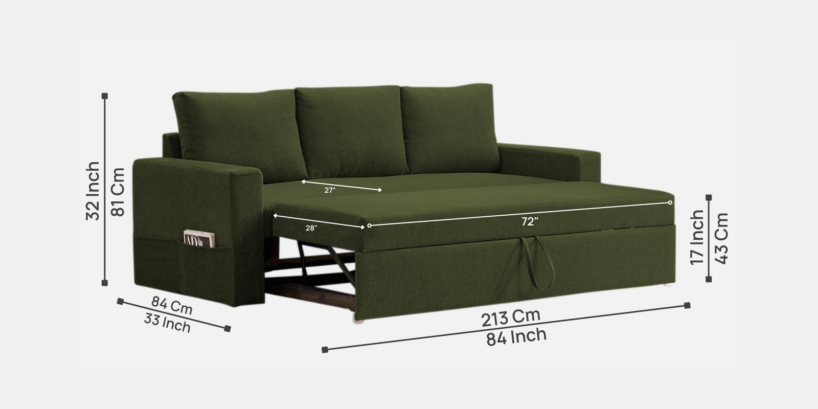 Kara Fabric 3 Seater Pull Out Sofa Cum Bed in Olive Green Colour