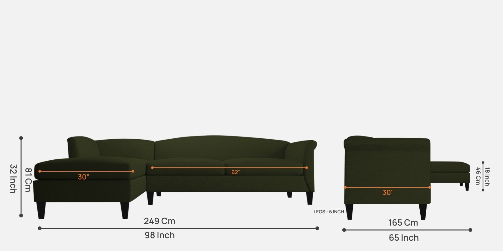 Kimber Fabric RHS Sectional Sofa (3+Lounger) in Olive Green Colour