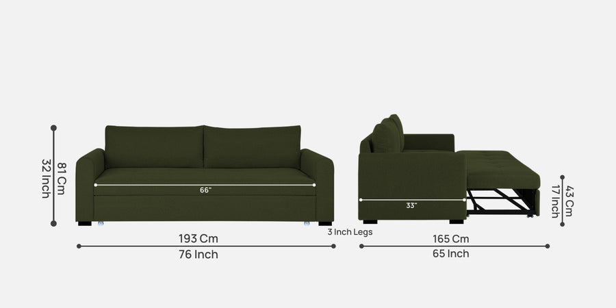 Sigma Fabric 3 Seater Pull Out Sofa Cum Bed In Olive Green Colour - Febonic Living