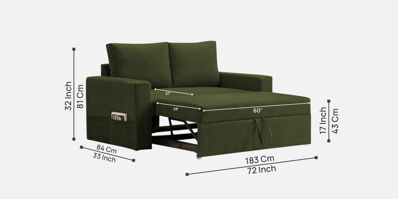 Kara Fabric 2 Seater Pull Out Sofa Cum Bed in Olive Green Colour