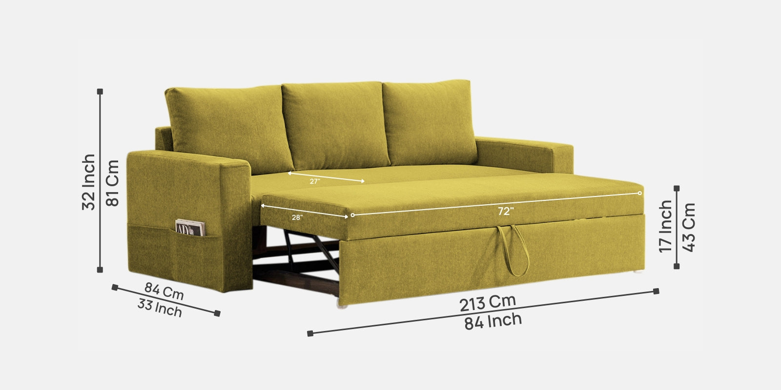 Kara Fabric 3 Seater Pull Out Sofa Cum Bed in Parrot Green Colour