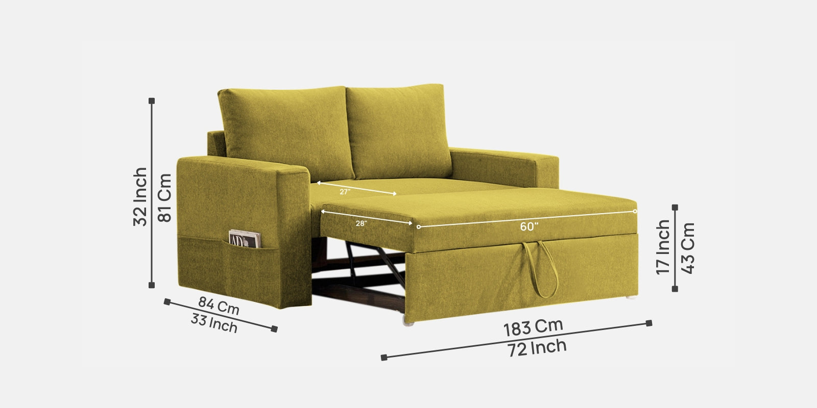 Kara Fabric 2 Seater Pull Out Sofa Cum Bed in Parrot Green Colour