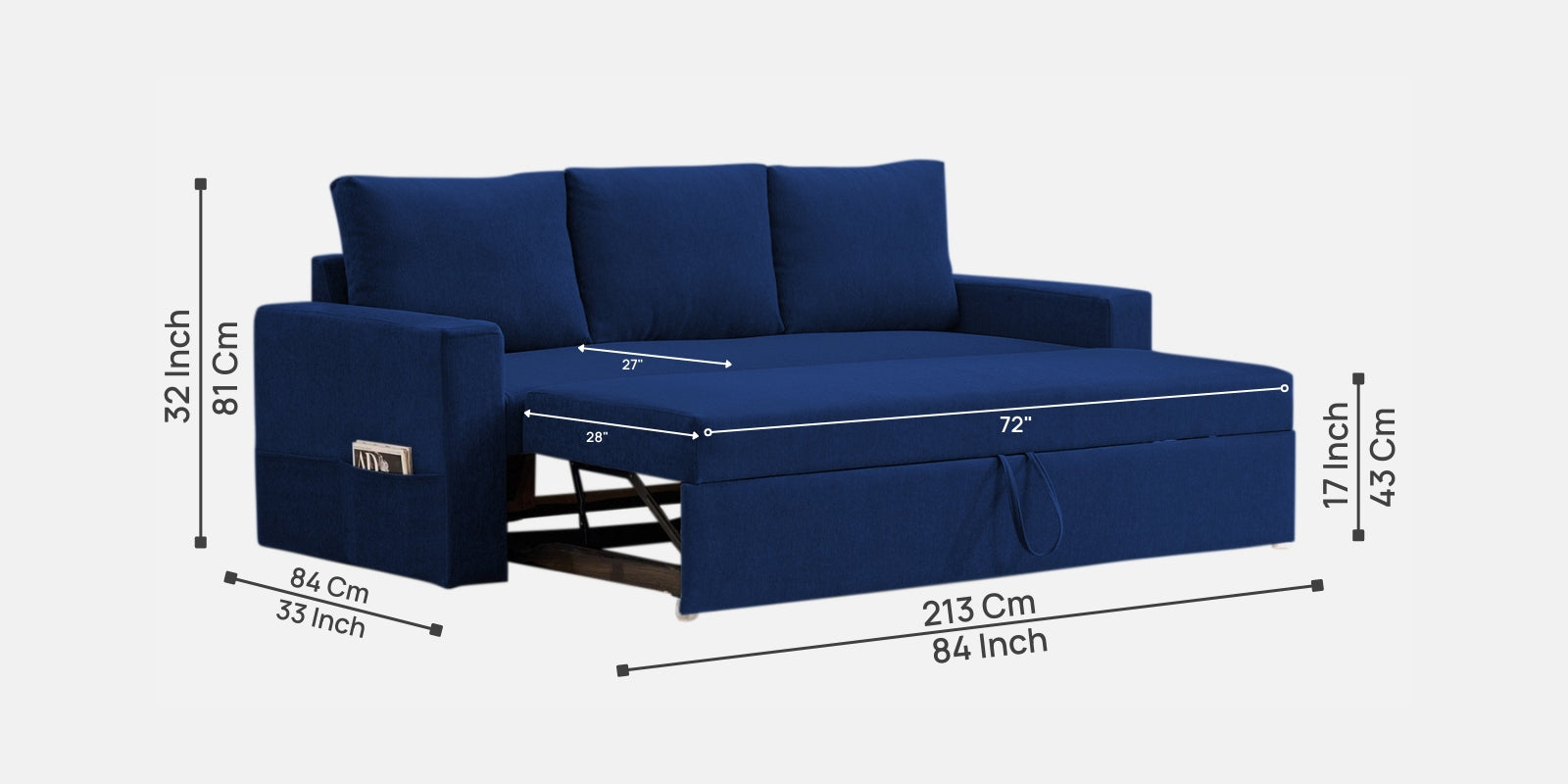 Kara Fabric 3 Seater Pull Out Sofa Cum Bed in Royal Blue Colour