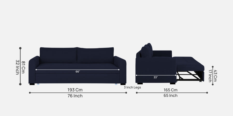 Sigma Fabric 3 Seater Pull Out Sofa Cum Bed In Royal Blue Colour - Febonic Living