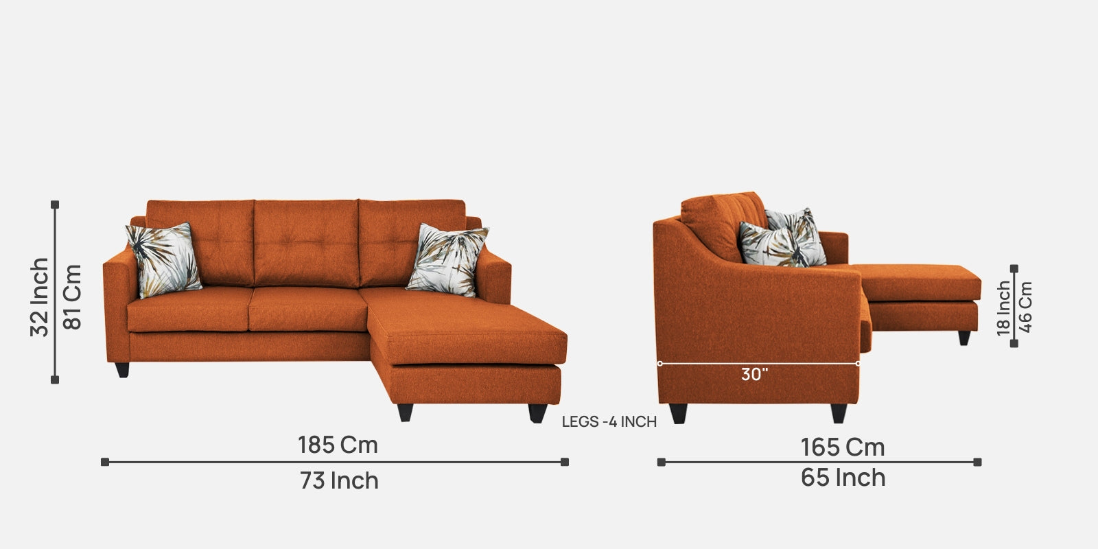 Welly Fabric LHS Sectional Sofa (2 + Lounger) Vivid Orange Colour