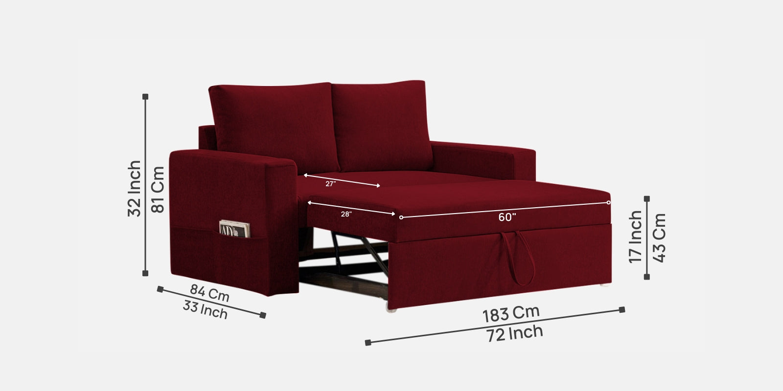 Kara Fabric 2 Seater Pull Out Sofa Cum Bed in Ruby Red Colour