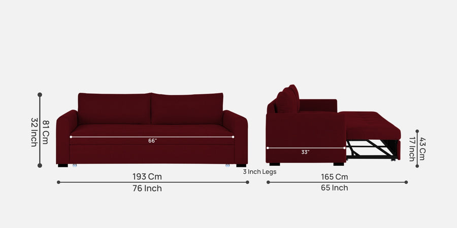 Sigma Fabric 3 Seater Pull Out Sofa Cum Bed In Ruby Red Colour - Febonic Living