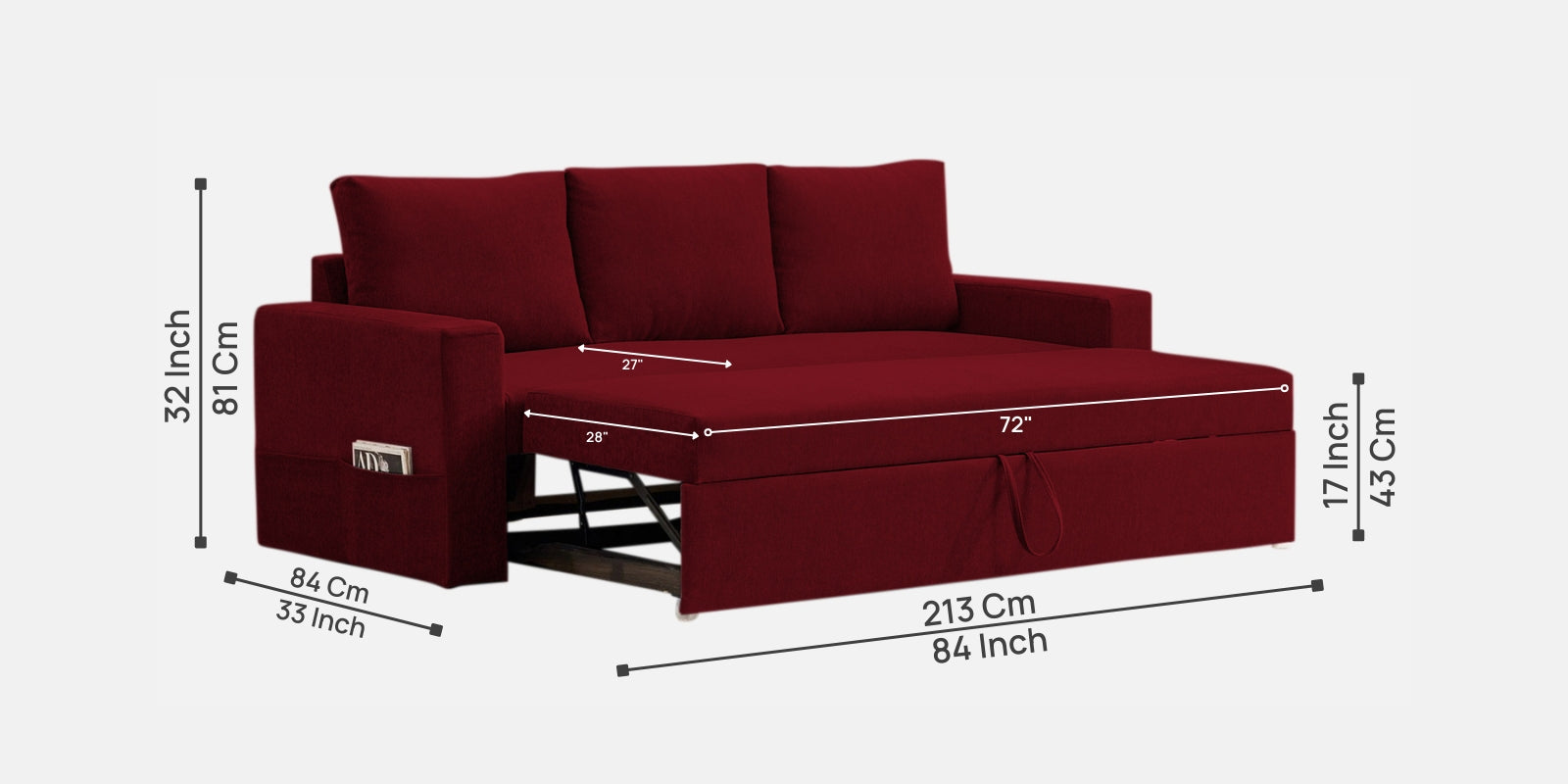 Kara Fabric 3 Seater Pull Out Sofa Cum Bed in Ruby Red Colour