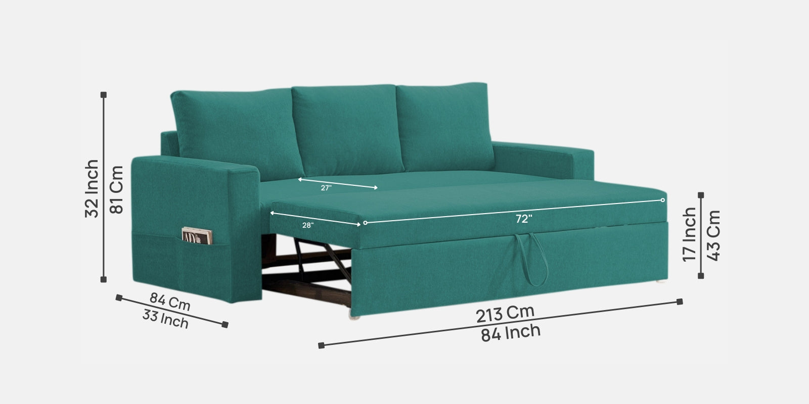 Kara Fabric 3 Seater Pull Out Sofa Cum Bed in Sea Green Colour