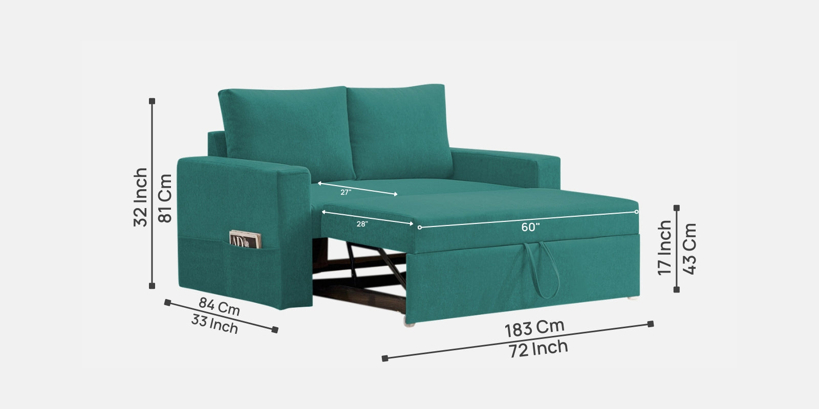 Kara Fabric 2 Seater Pull Out Sofa Cum Bed in Sea Green Colour