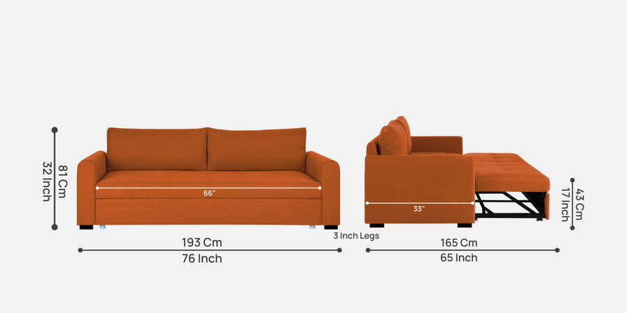 Sigma Fabric 3 Seater Pull Out Sofa Cum Bed In Vivid Orange Colour - Febonic Living