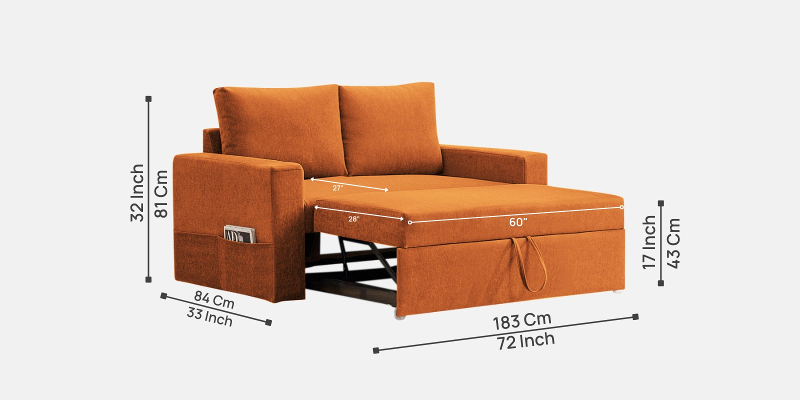 Kara Fabric 2 Seater Pull Out Sofa Cum Bed in Vivid Orange Colour