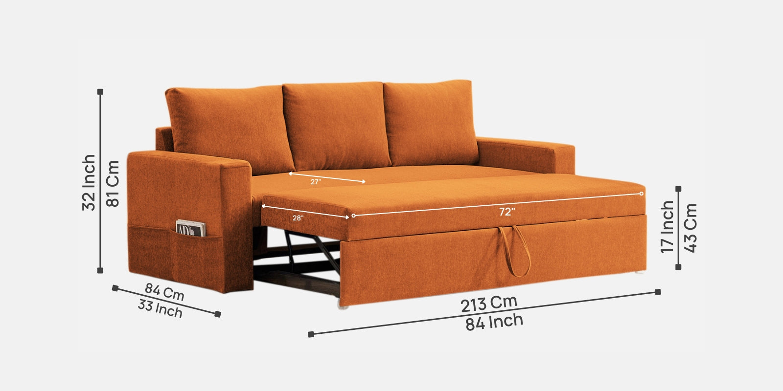 Kara Fabric 3 Seater Pull Out Sofa Cum Bed in Vivid Orange Colour