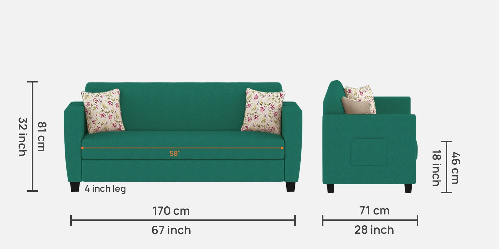 Gozi Fabric 3 Seater Sofa In Sea Green Colour