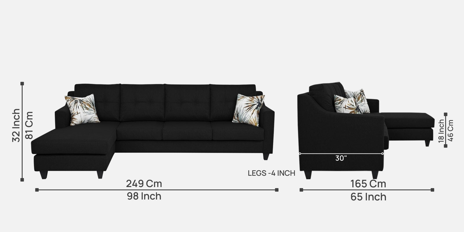 Welly Fabric RHS Sectional Sofa (3 + Lounger) In Zed Black Colour