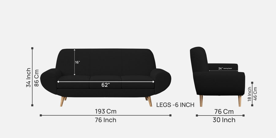 Jessy Fabric 3 Seater Sofa In Zed Black Colour - Febonic Living