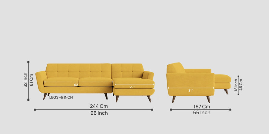 Jasmin Fabric Lhs Sectional Sofa 3 Lounger In Bold Yellow Colour - Febonic Living