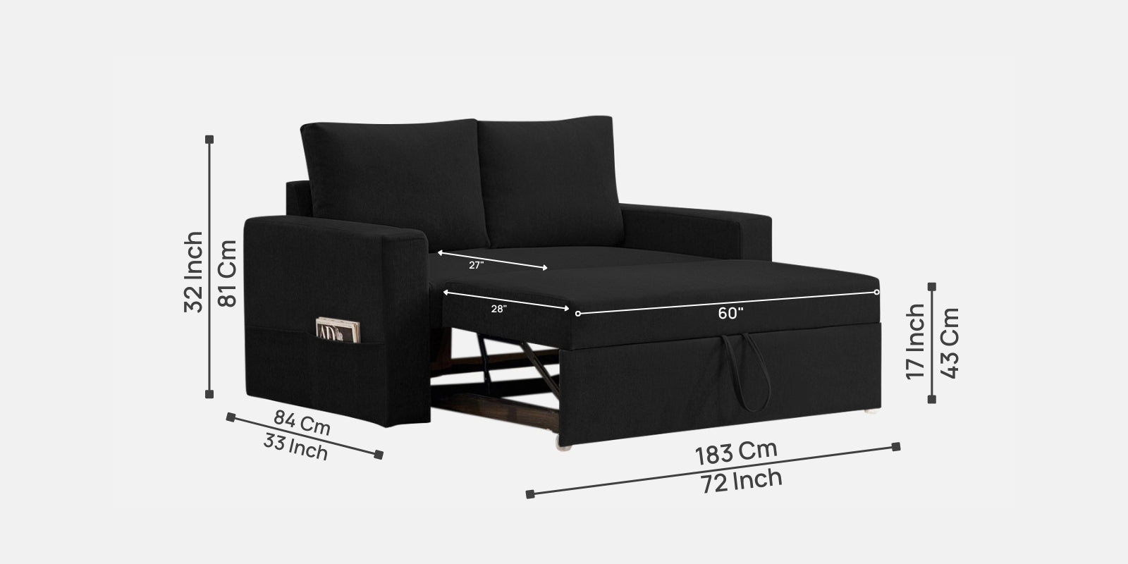 Kara Fabric 2 Seater Pull Out Sofa Cum Bed in Zed Black Colour