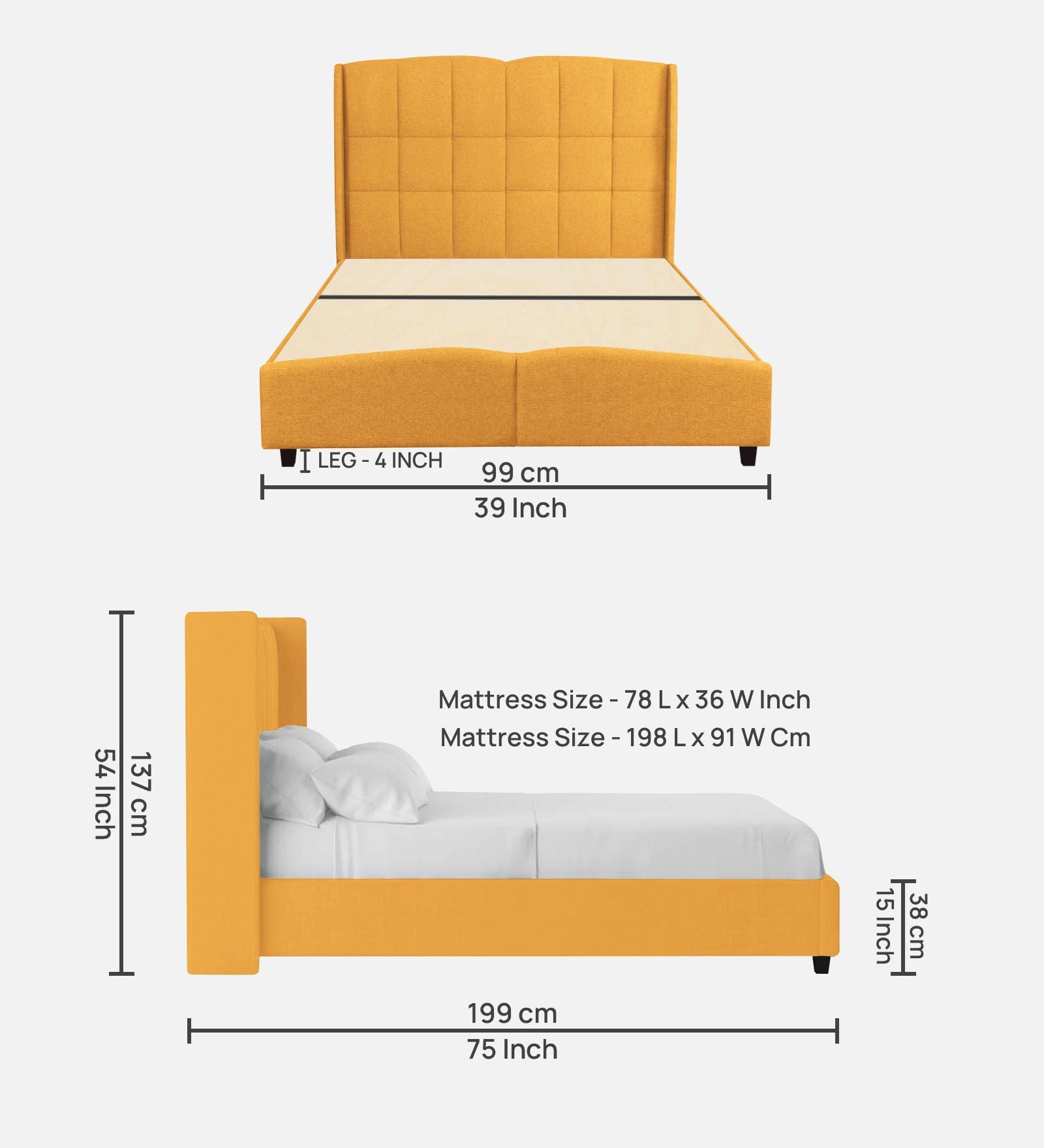 Jovi Velvet Single Size Bed In Turmeric Yellow In Colour