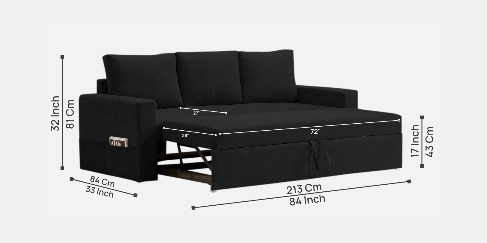 Kara Fabric 3 Seater Pull Out Sofa Cum Bed in Zed Black Colour