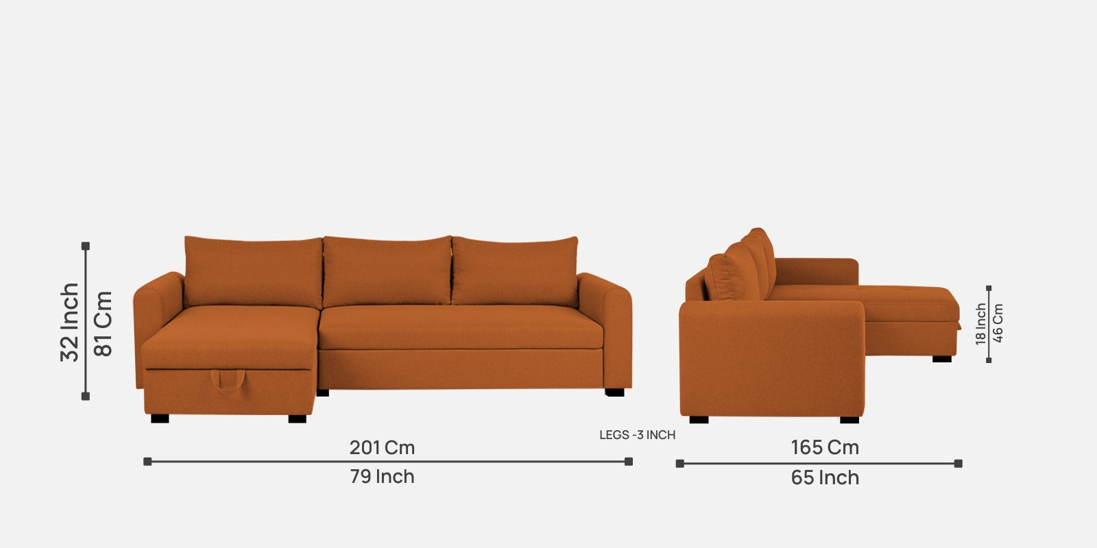 Sigma Fabric RHS Sectional (3+ Lounger) in Vivid Orange Colour