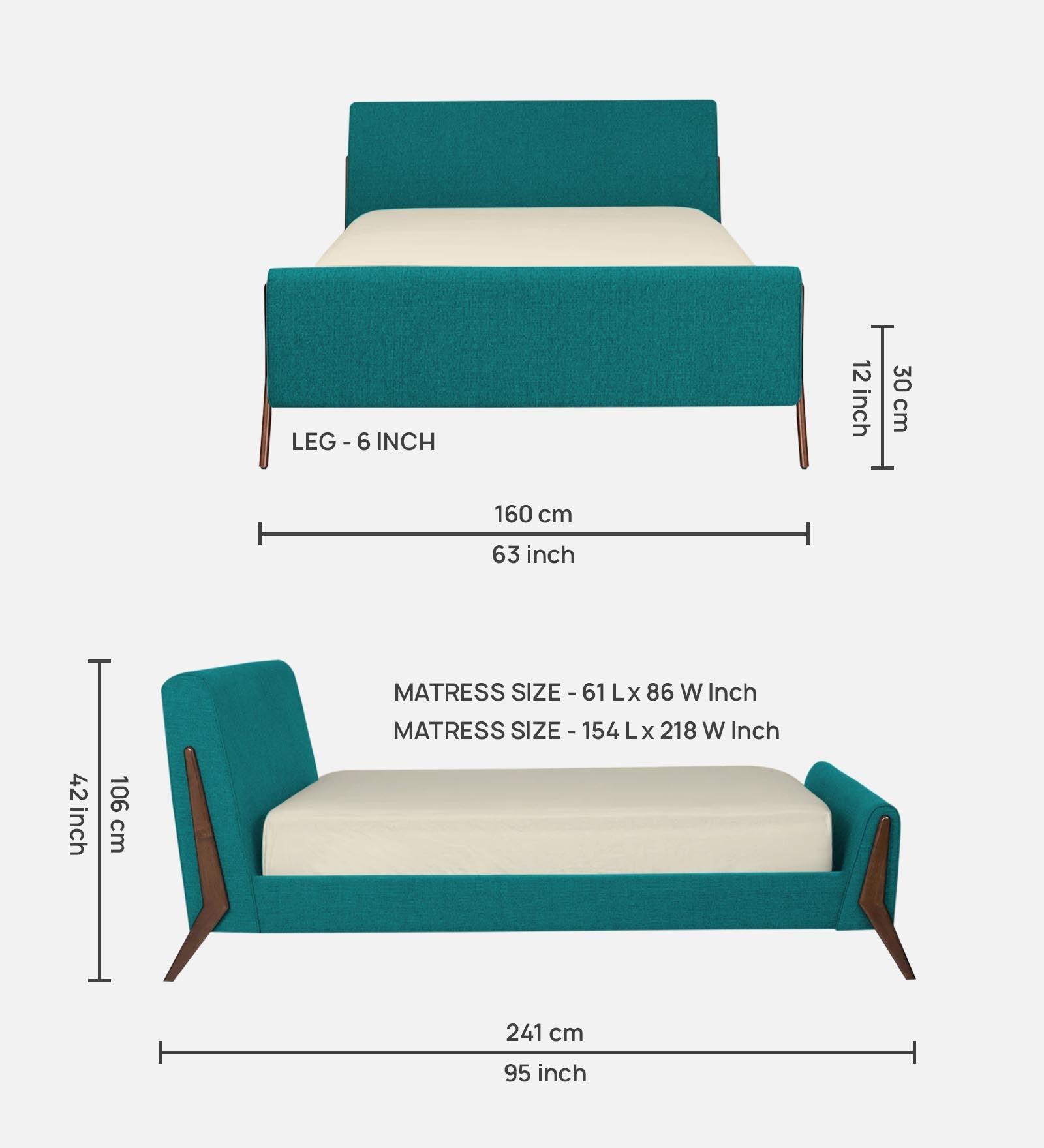 Catla Fabric Queen Size Bed In Sea Green Colour