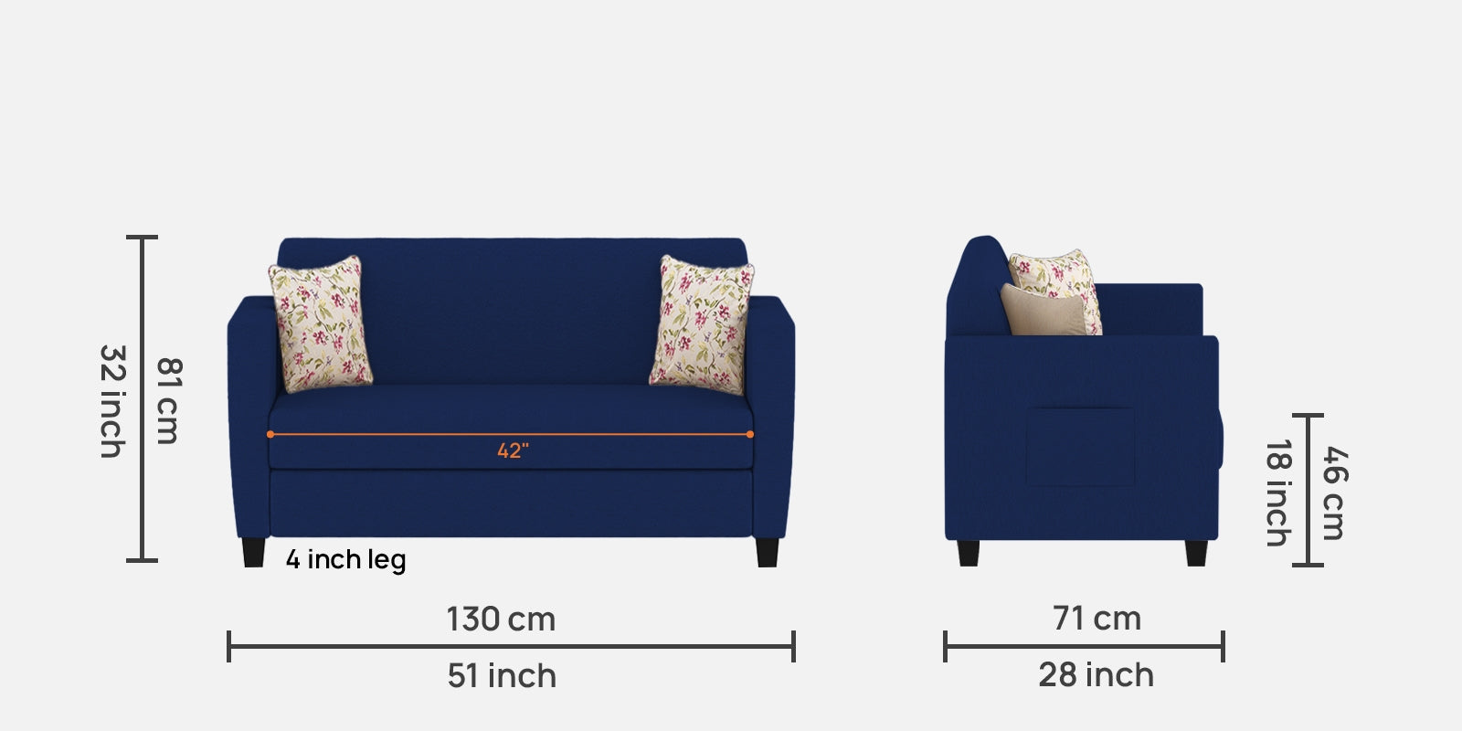 Gozi Fabric 2 Seater Sofa In Royal Blue Colour