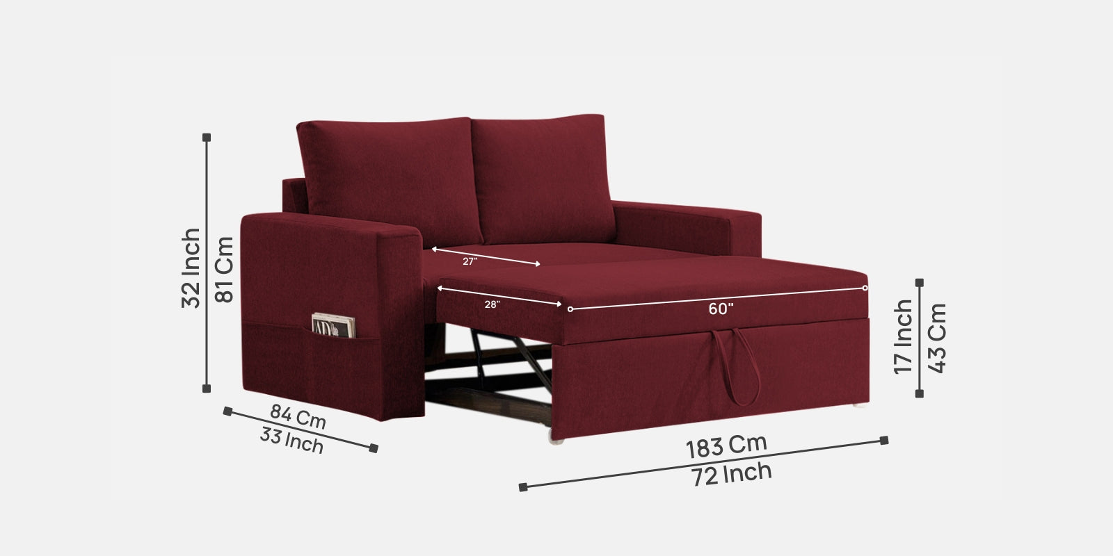 Kara Fabric 2 Seater Pull Out Sofa Cum Bed in Blood Maroon Colour