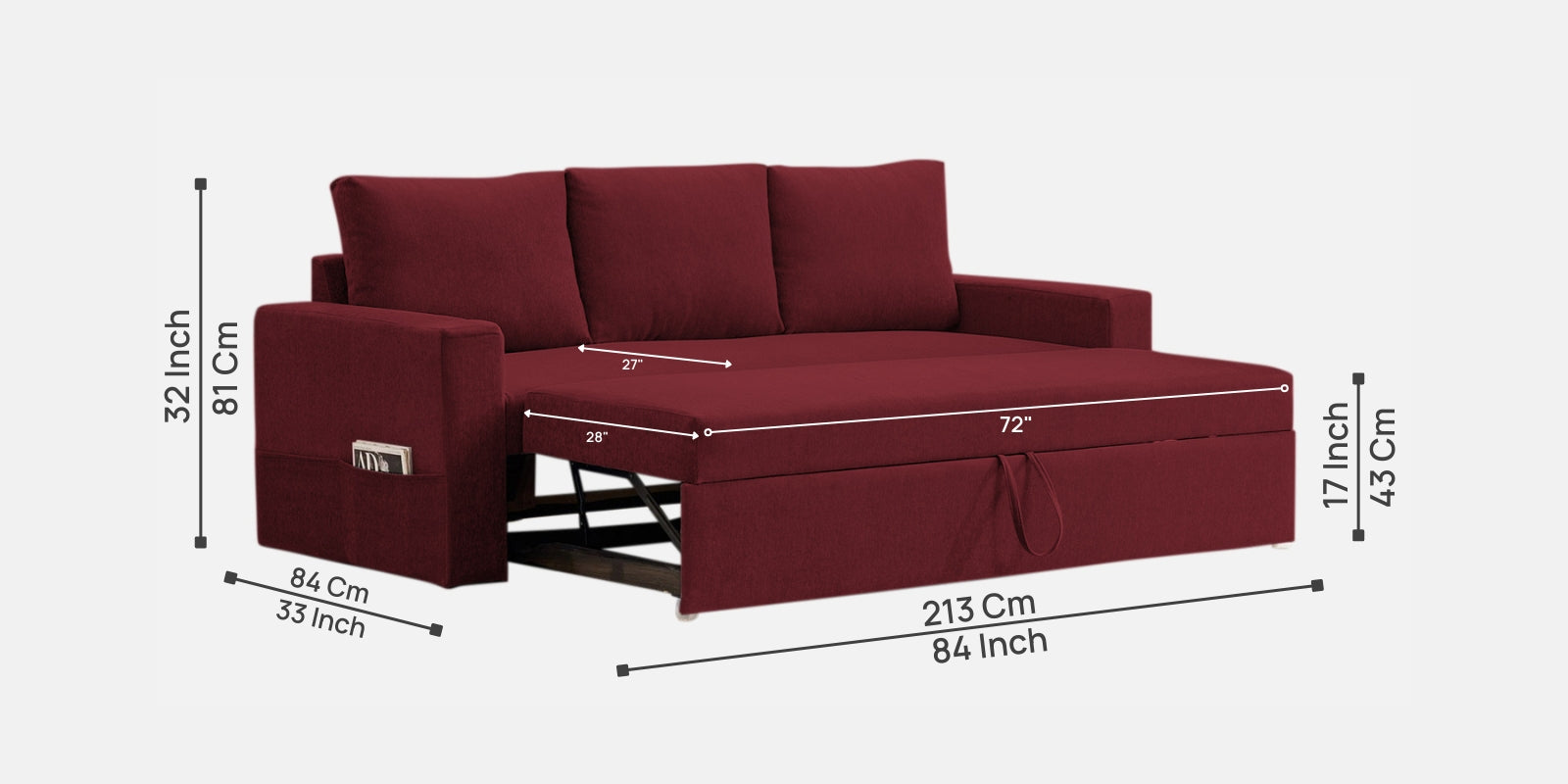 Kara Fabric 3 Seater Pull Out Sofa Cum Bed in Blood Maroon Colour