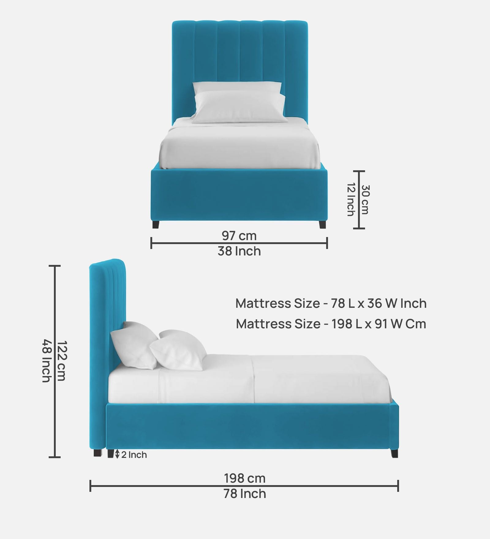 Lara Velvet Single Size Bed In Aqua Blue Colour